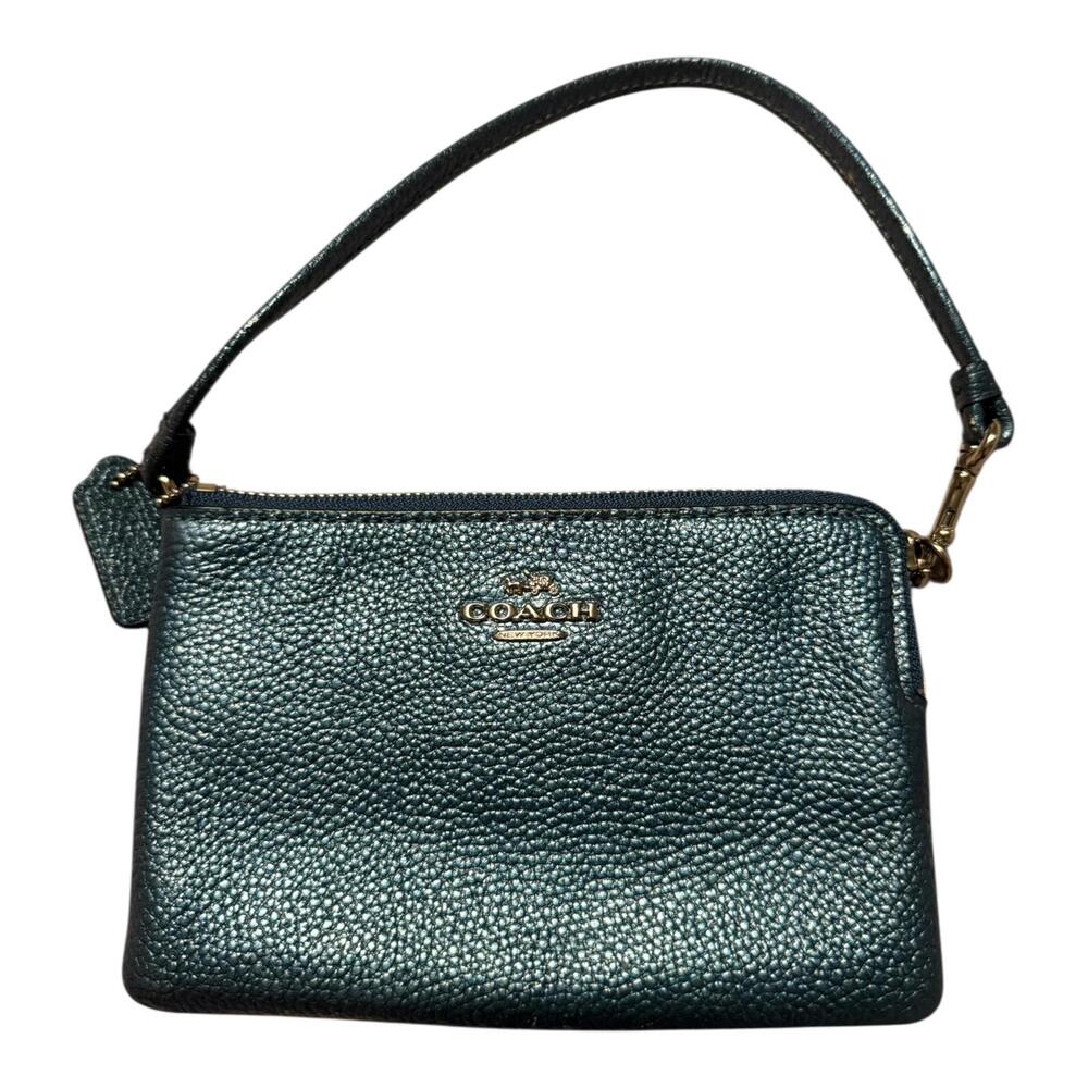 Coach Metallic Blue Crossgrain Leather Wristlet (circa 2018-2022, Fair)